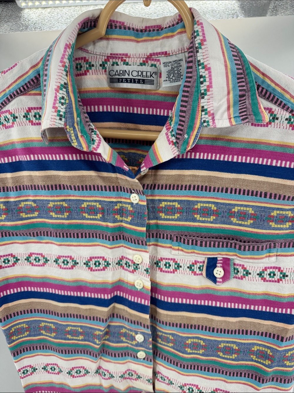 Cabin Creek Striped Multi-Color Cotton Top M vintage button up short sleeve - Picture 6 of 10